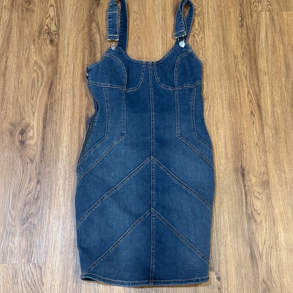 True Religion Blue Denim Bodycon Mini Dress Adjustable Straps Medium Wash
